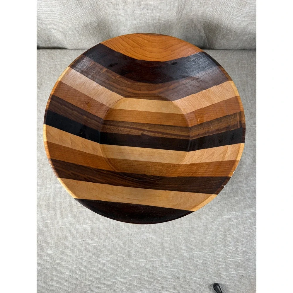 Wooden Striped Bowl Good Vintage Handcrafted Mixed Wood Inlay Geometric 9.5in